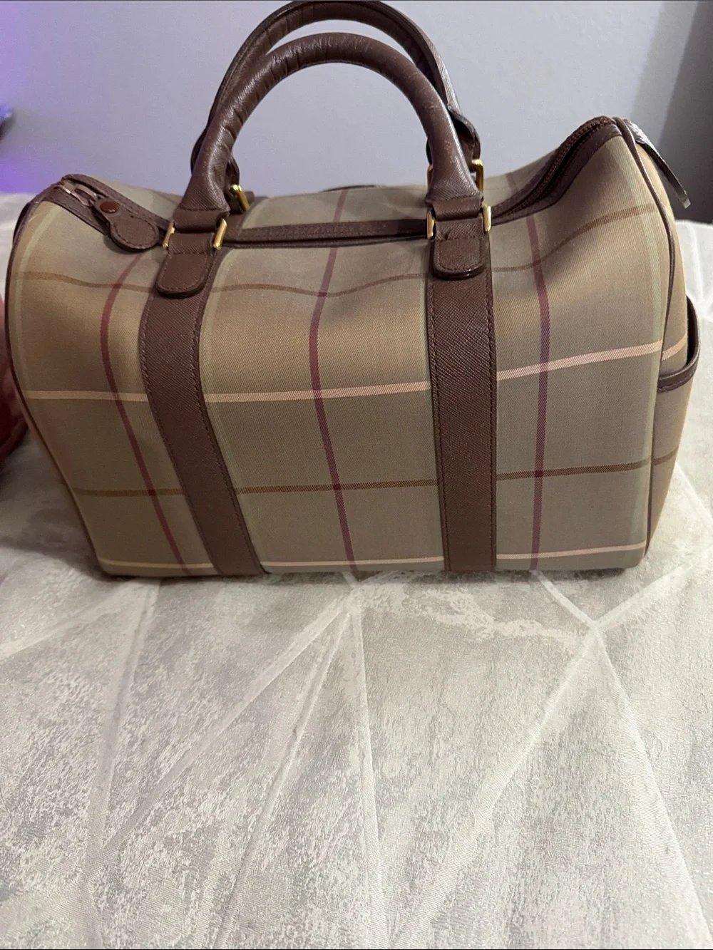 Burberry Taupe Plaid Duffel with Brown Leather Trim